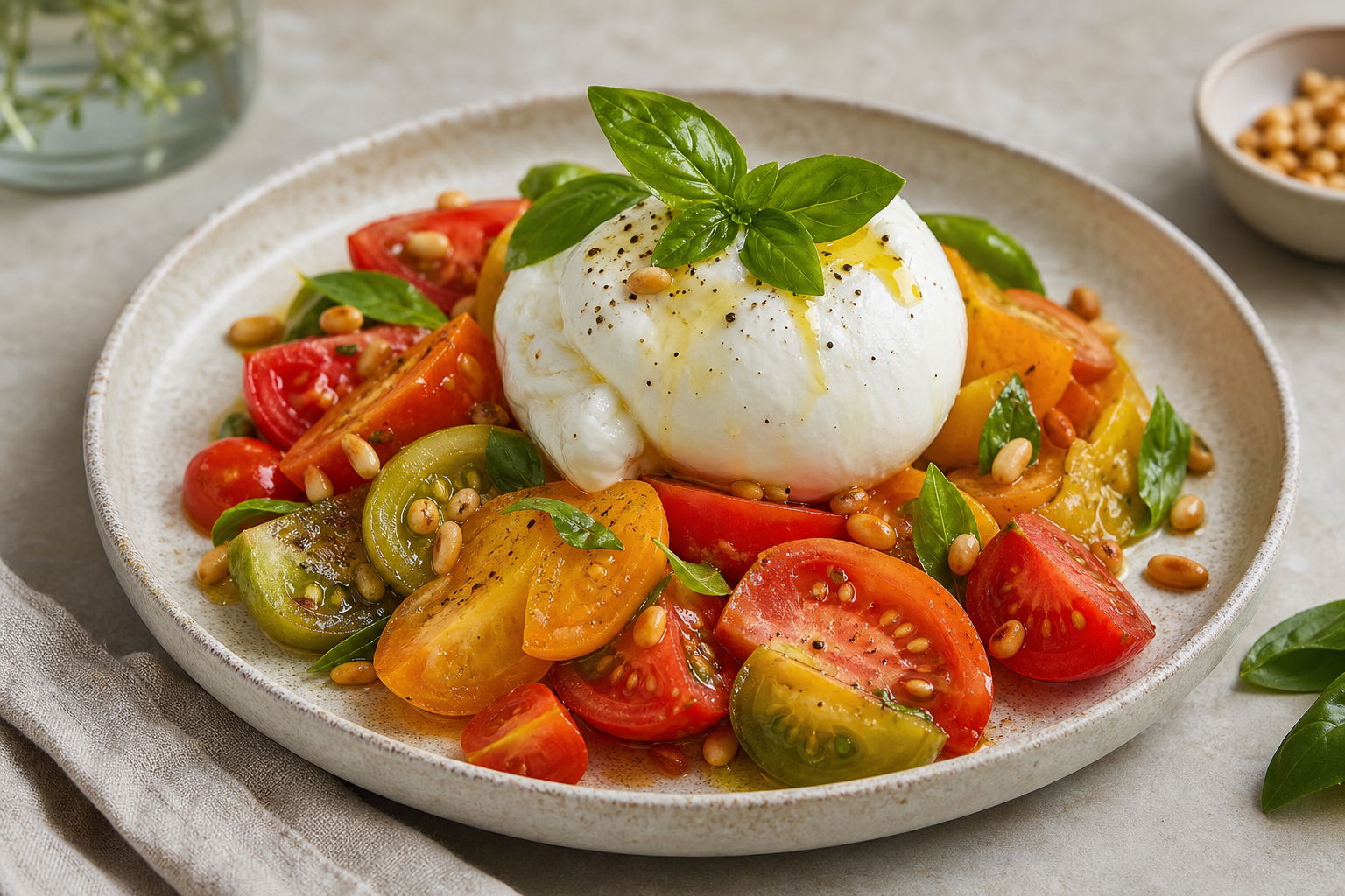 Garden burrata with tomatoes, basil, and pine nuts