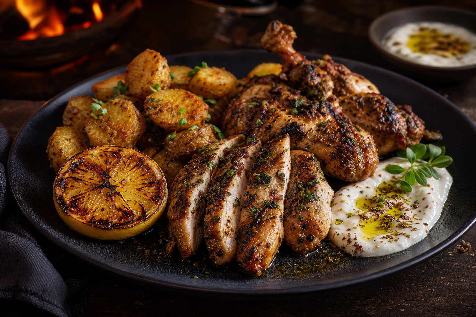 Flame grilled chicken with garlic sauce, lemon, and potatoes