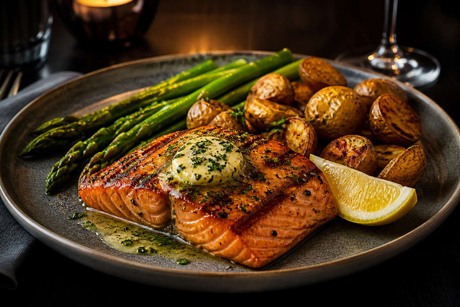Grilled salmon with asparagus and roasted potatoes