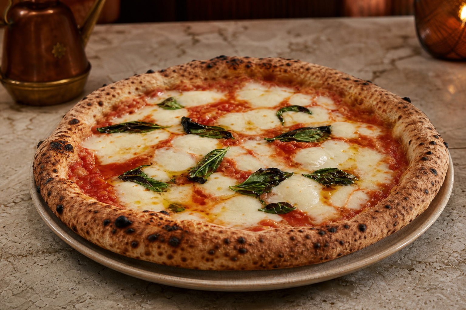 Wood-fired margherita pizza with tomato, mozzarella, and basil