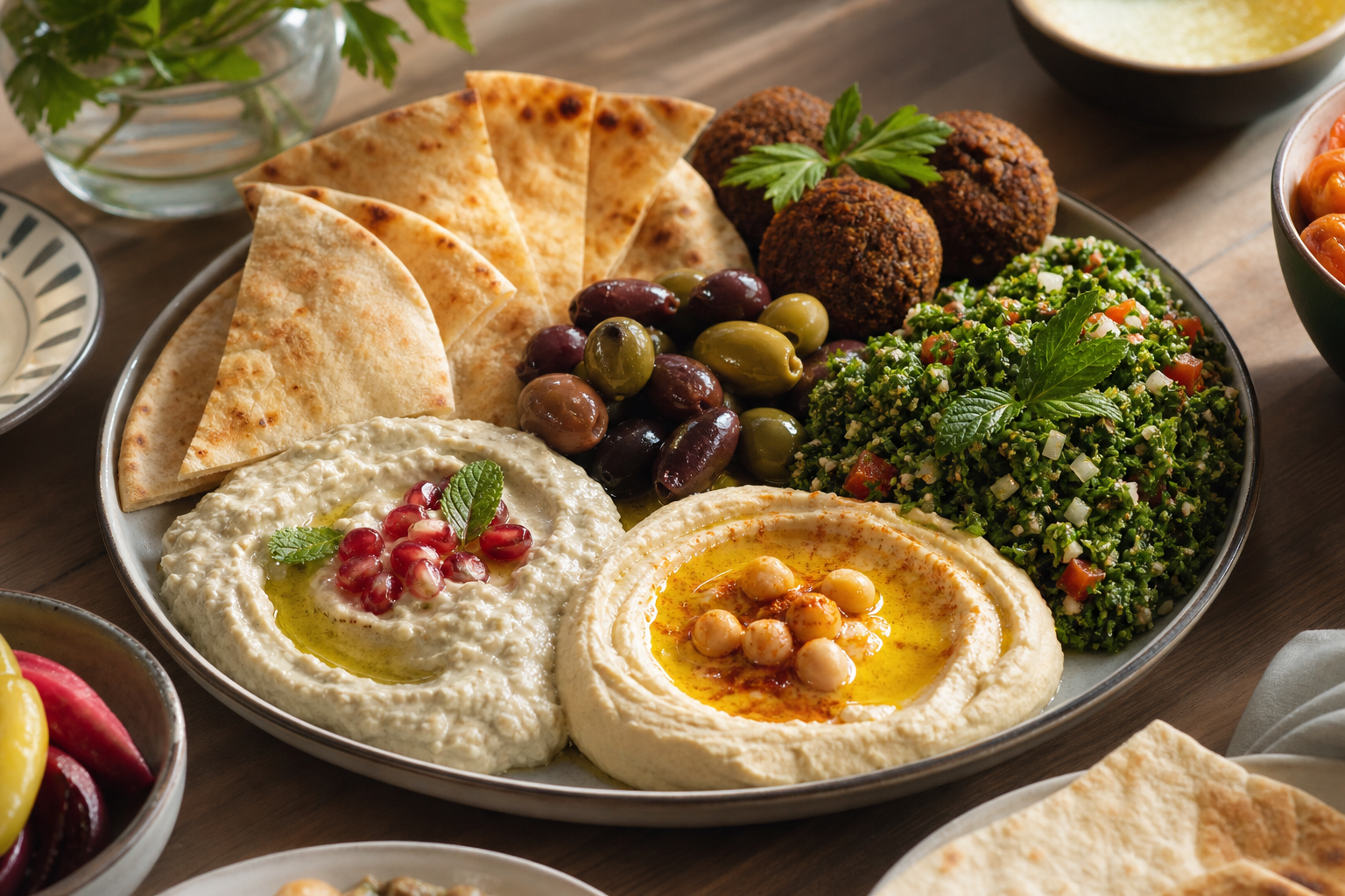 Lebanese mezze platter with hummus, moutabal, tabbouleh, falafel, and pita