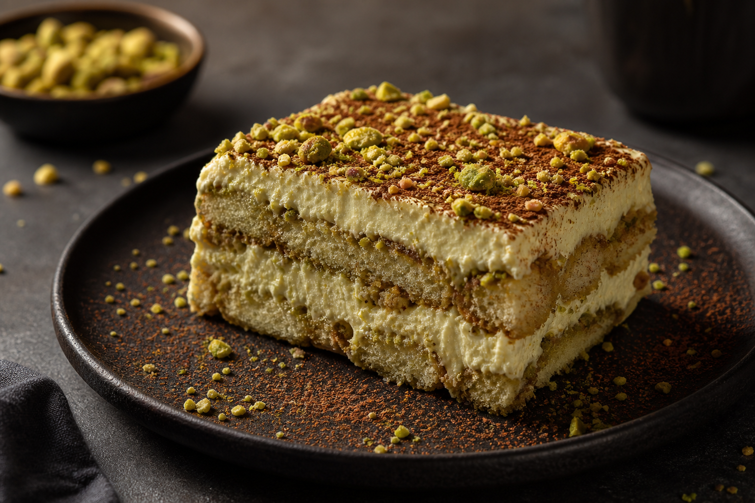 Pistachio tiramisu with mascarpone layers and pistachio crumbs