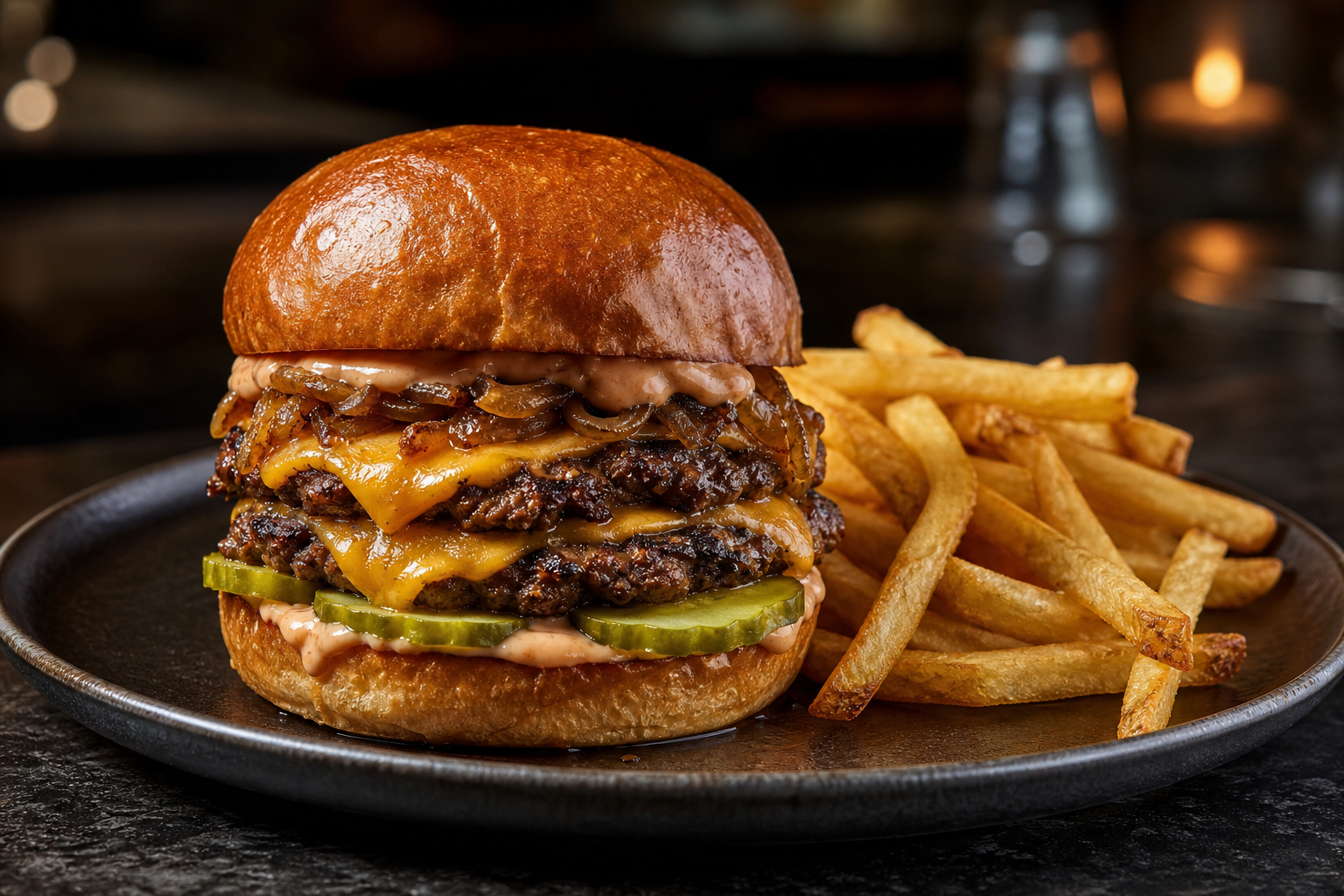 Double smash burger with cheddar, onions, pickles, and fries